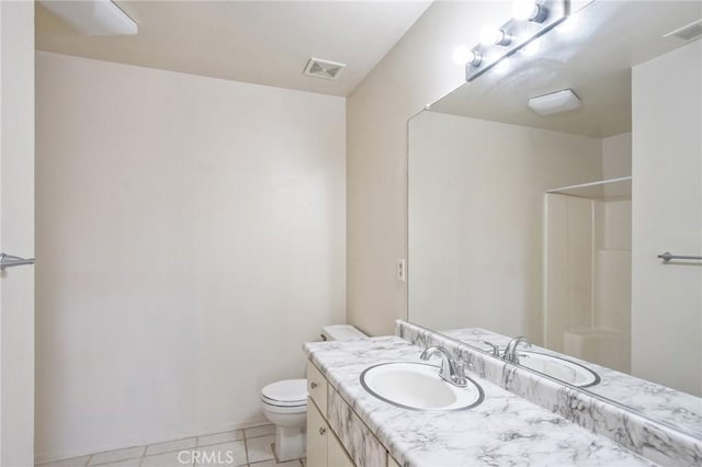 full bath with toilet, walk in shower, and visible vents