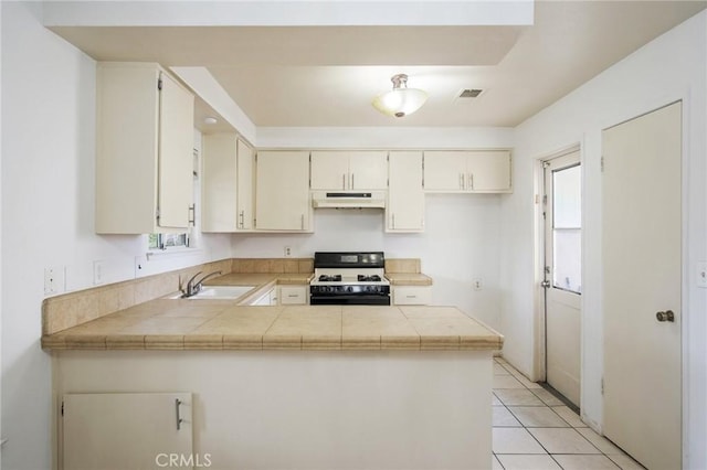 kitchen with visible vents, a sink, a peninsula, white range with gas stovetop, and under cabinet range hood