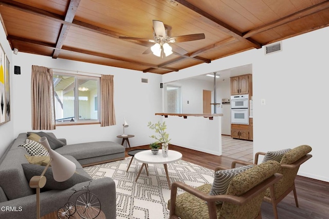 living room featuring beam ceiling, wood ceiling, light hardwood / wood-style flooring, and ceiling fan