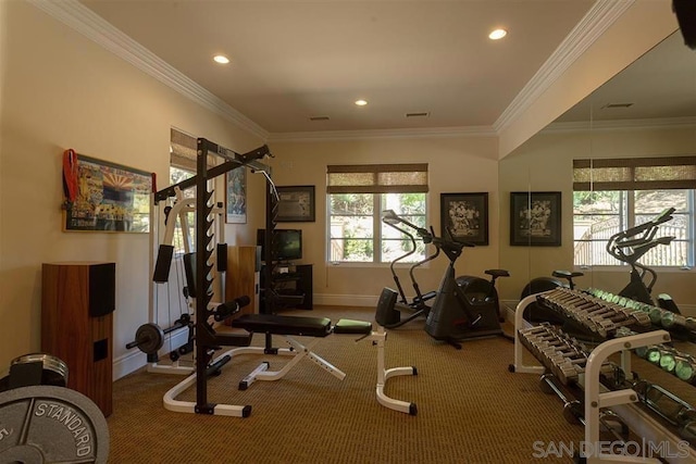 workout room featuring ornamental molding and carpet flooring