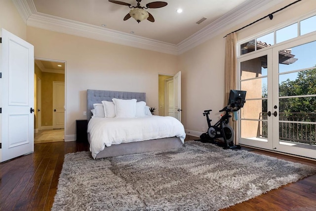 bedroom with crown molding, ceiling fan, access to exterior, dark hardwood / wood-style flooring, and french doors