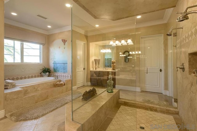 bathroom with crown molding, plus walk in shower, and tile patterned flooring