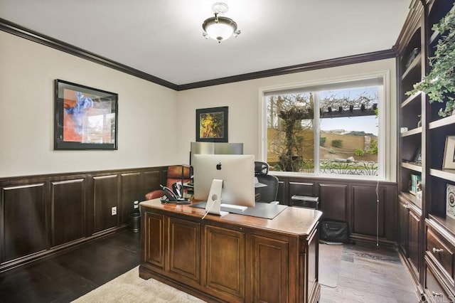 home office featuring crown molding and dark hardwood / wood-style flooring