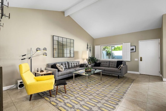 tiled living room with high vaulted ceiling and beam ceiling