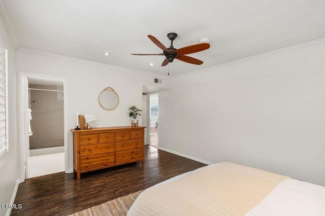 bedroom featuring dark wood-type flooring, ornamental molding, and ceiling fan