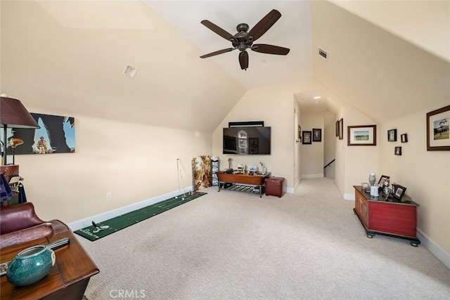 carpeted living room featuring vaulted ceiling and ceiling fan