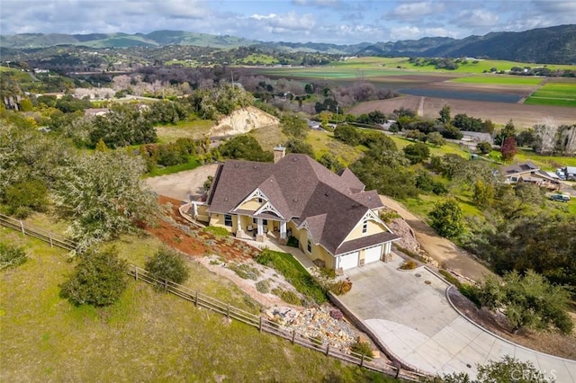 birds eye view of property featuring a mountain view and a rural view