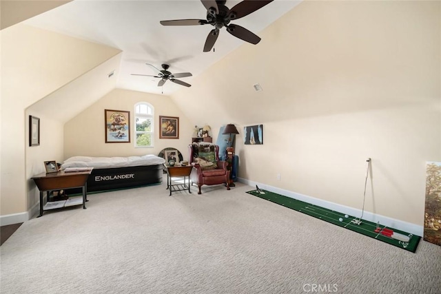 bedroom with carpet, lofted ceiling, and ceiling fan