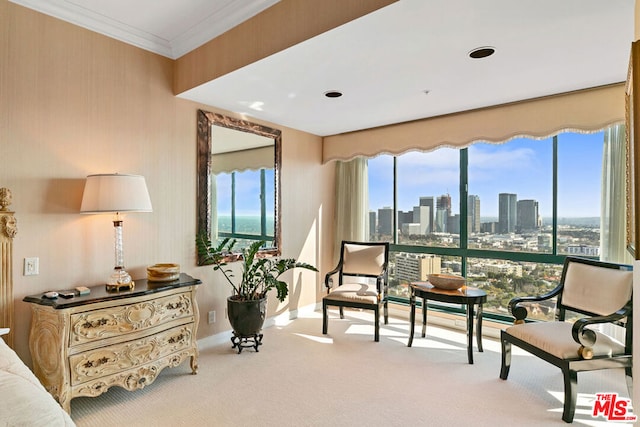 living area featuring crown molding and carpet