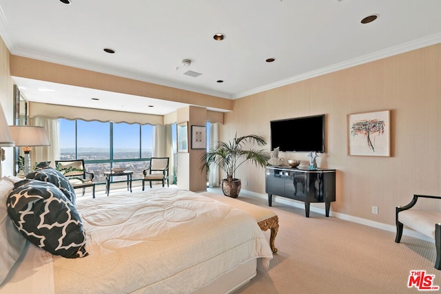 bedroom featuring light colored carpet and ornamental molding