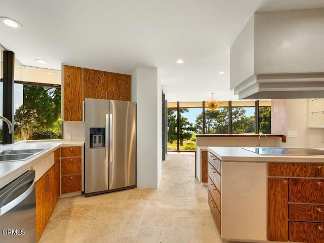 kitchen featuring sink, a wealth of natural light, stainless steel appliances, and premium range hood