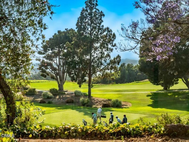 view of property's community with view of golf course and a lawn