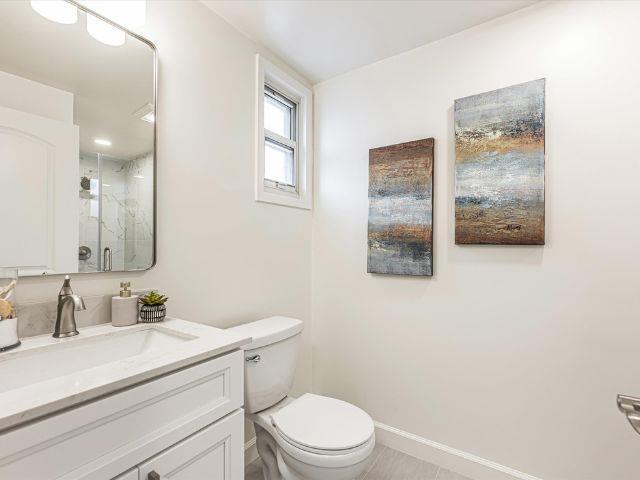 bathroom with vanity, walk in shower, and toilet