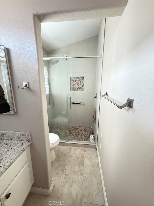 bathroom with an enclosed shower, vanity, vaulted ceiling, and toilet