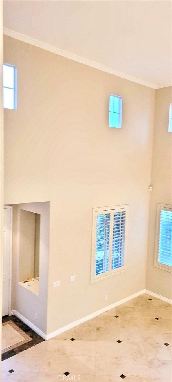 interior space featuring crown molding and a towering ceiling