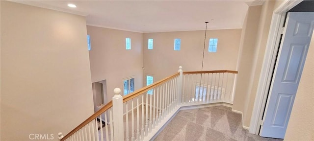 stairs featuring crown molding, a high ceiling, and carpet