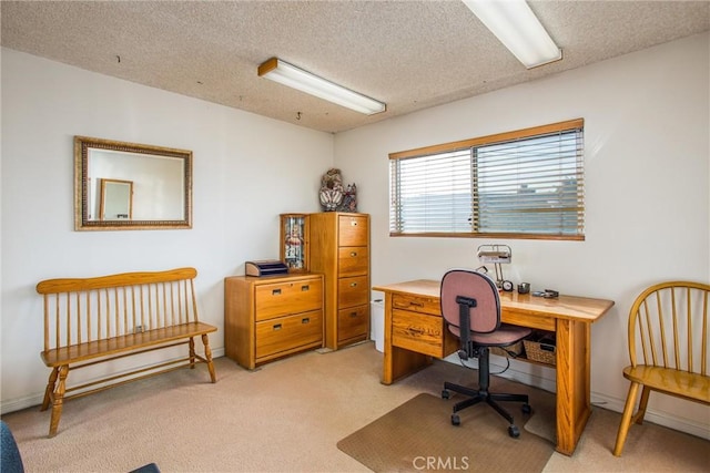 carpeted office with a textured ceiling