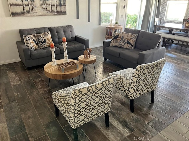 living room with dark hardwood / wood-style flooring