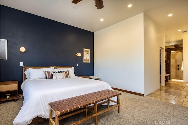 carpeted bedroom featuring ceiling fan