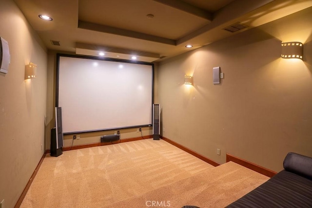 cinema room featuring light colored carpet and a tray ceiling