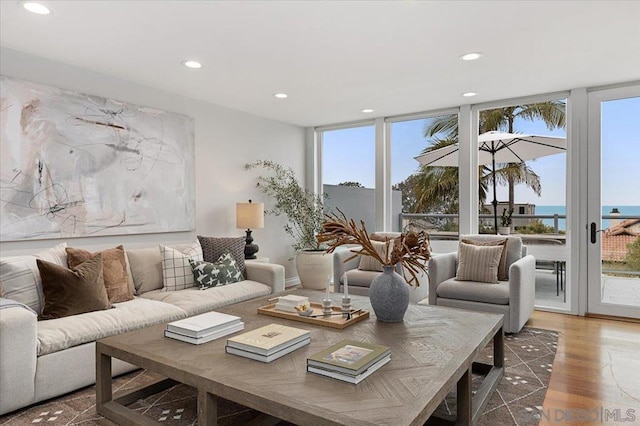 living room featuring a water view, a wall of windows, and wood-type flooring