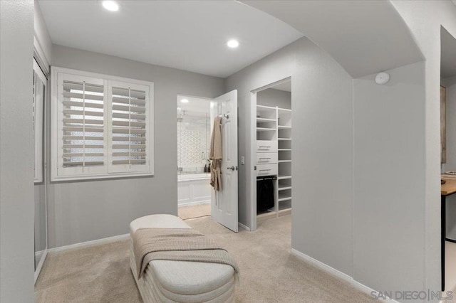 walk in closet featuring light carpet