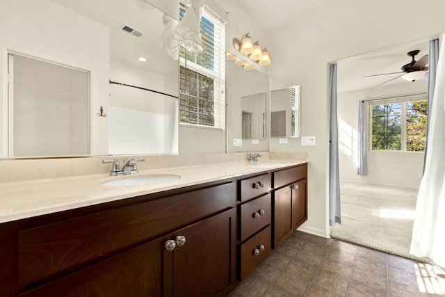 bathroom with vanity, tile patterned floors, and ceiling fan