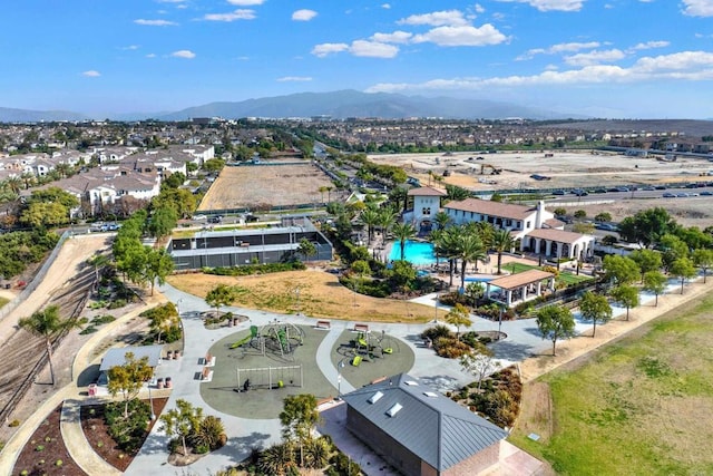 drone / aerial view featuring a mountain view