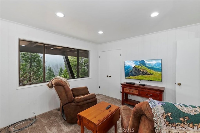 living room featuring light carpet