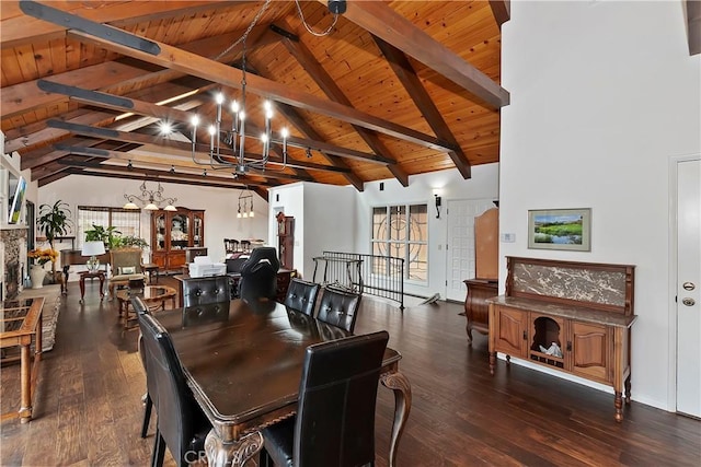 dining room featuring beam ceiling, dark hardwood / wood-style floors, wood ceiling, and a chandelier