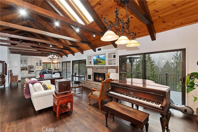 interior space featuring dark wood-type flooring, beamed ceiling, a stone fireplace, and wooden ceiling