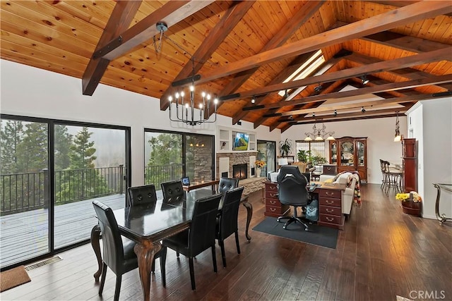 dining room with beamed ceiling, dark hardwood / wood-style floors, and a notable chandelier