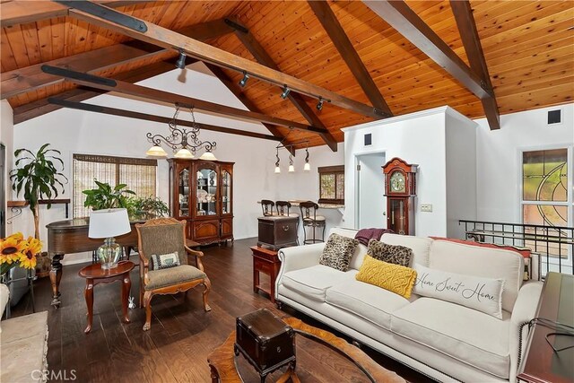 living room featuring wood ceiling, dark hardwood / wood-style flooring, and vaulted ceiling with beams