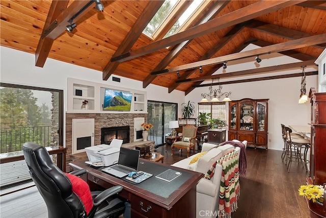 office with dark wood-type flooring, a skylight, wooden ceiling, and beamed ceiling