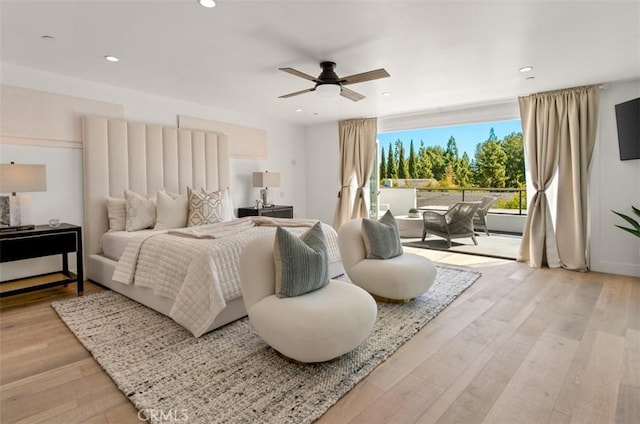 bedroom featuring recessed lighting, access to outside, a ceiling fan, and light wood-style flooring