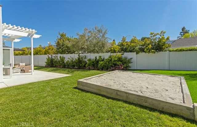 view of yard with a patio, a pergola, and a fenced backyard