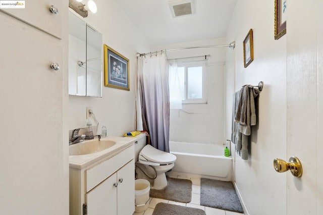 full bathroom featuring toilet, vanity, shower / bathtub combination with curtain, and tile patterned flooring