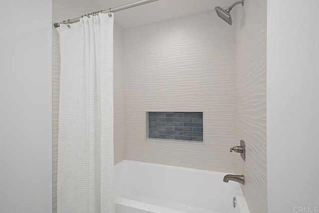 full bathroom with shower / bathtub combination with curtain