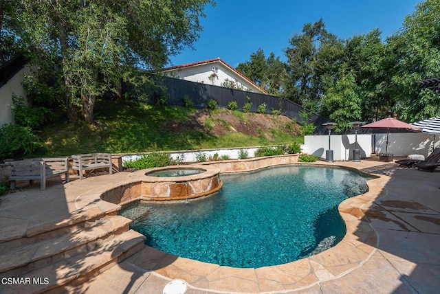 view of pool featuring a patio area and an in ground hot tub