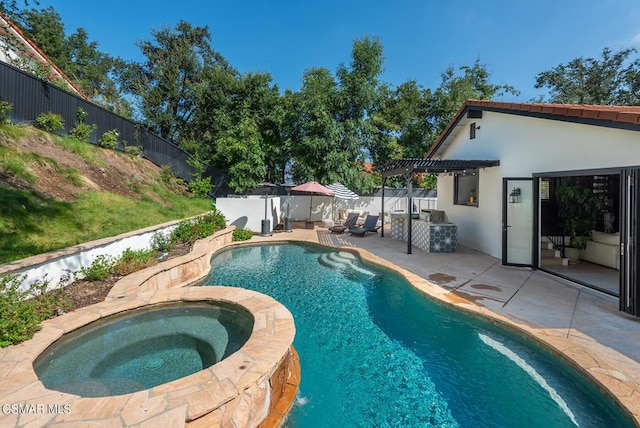 view of pool featuring a pergola, a patio, and an in ground hot tub