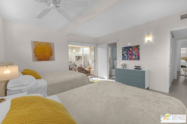 bedroom featuring multiple windows, ceiling fan, connected bathroom, and beam ceiling