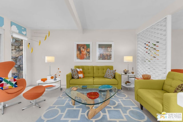 living room featuring beam ceiling