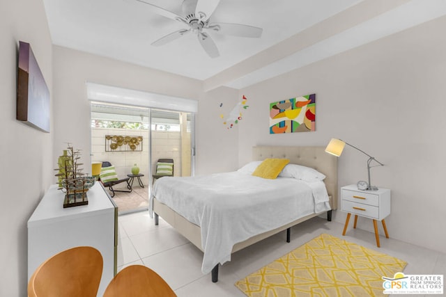 bedroom with light tile patterned floors and ceiling fan