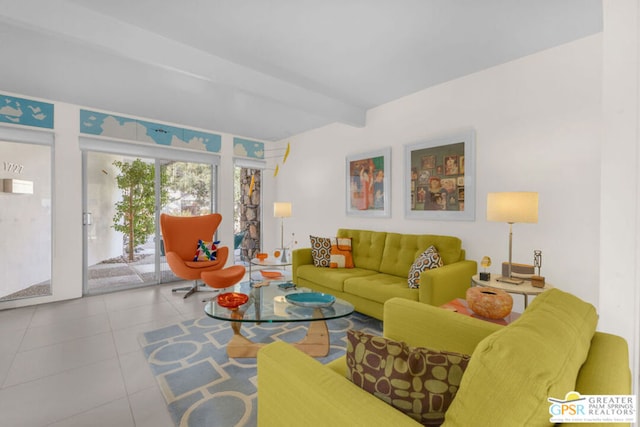 tiled living room with beam ceiling