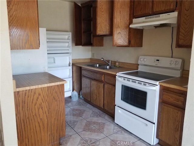 kitchen featuring electric stove, light tile patterned flooring, and sink