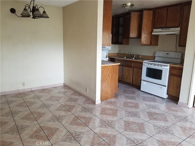 kitchen with light tile patterned flooring, pendant lighting, sink, a chandelier, and electric stove