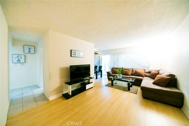 living room featuring wood-type flooring and a textured ceiling