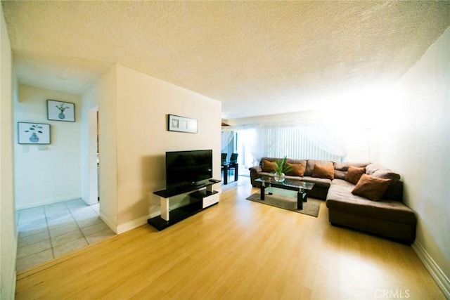 living room featuring wood-type flooring and a textured ceiling