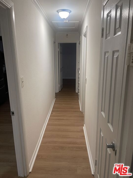 corridor with crown molding and wood-type flooring