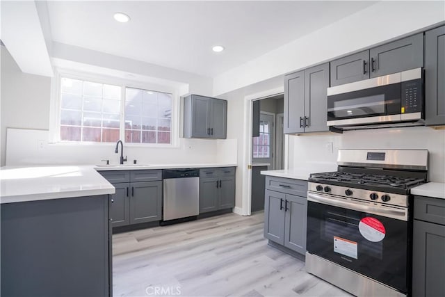 kitchen featuring gray cabinetry, sink, light hardwood / wood-style flooring, and stainless steel appliances